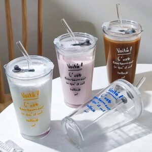 Round Transparent Borosilicate Drinking Glass Cup/Tumbler with lid + Straw 