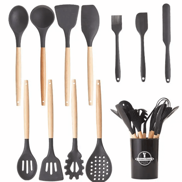 1723534895975 12pc Silicone Kitchen Utensils Set With Wooden Handles