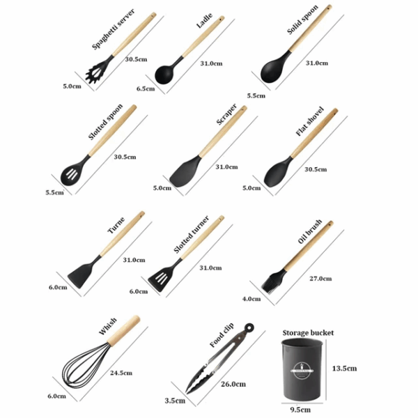 1723534975638 12pc Silicone Kitchen Utensils Set With Wooden Handles
