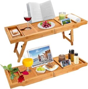IMG-20240809-WA2968 Bamboo Bathtub Caddy Tray / Breakfast Bed Table with Stands